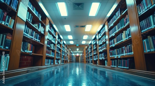 Abstract blurred empty college library interior space. Blurry classroom with bookshelves by defocused effect photo