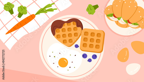 Top view of different breakfast food on plates. Healthy homemade meal with eggs, waffles, berries, vegetables and French croissant. Vector illustration in cartoon style