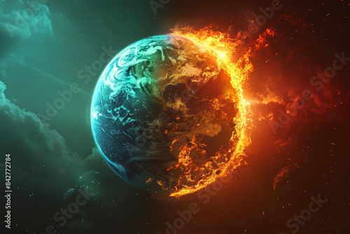 Dual image of a burning Earth and a thriving green planet