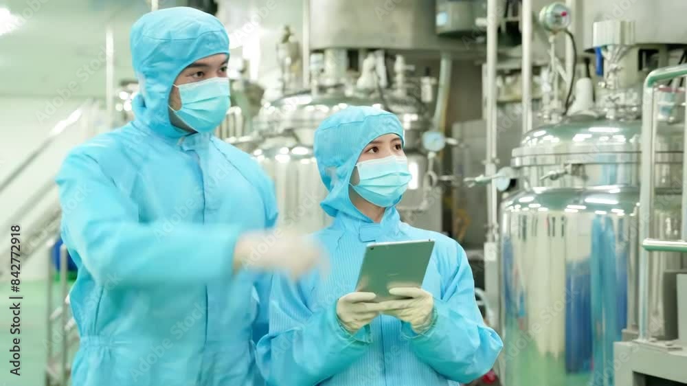 Making medicine factory,  Medical staff in protective uniform work  using tablets to walk and communicate with pharmaceutical facilities at drug manufacturing plant.