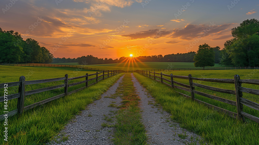 Sunset over a rural countryside landscape with fields, hills, and a winding path under a colorful sky Sunset over a rural countryside landscape with fields, hills, and a winding path under a colorful sky