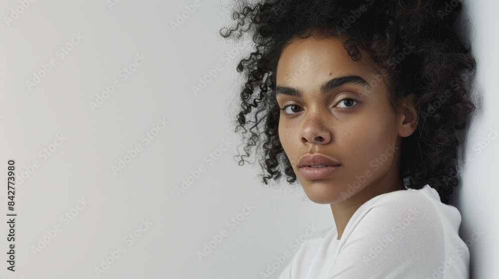 Stylish Model Posing in Casual Chic Attire Against White Background with Copyspace on Left Side Stylish Model Posing in Casual Chic Attire Against White Background with Copyspace on Left Side