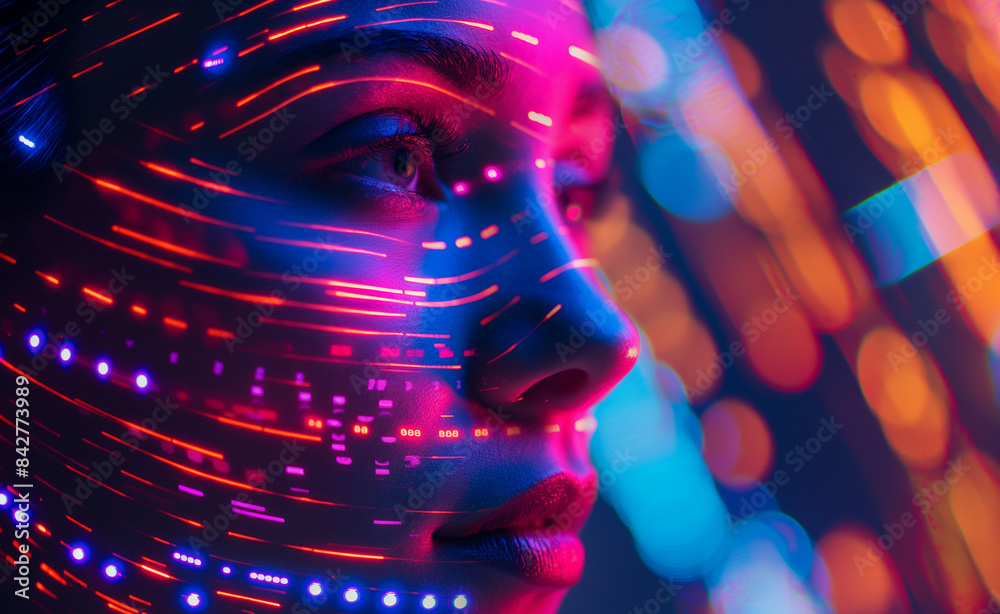 A woman's face with glowing digital code patterns overlaying her skin in a dark, tech-themed setting.