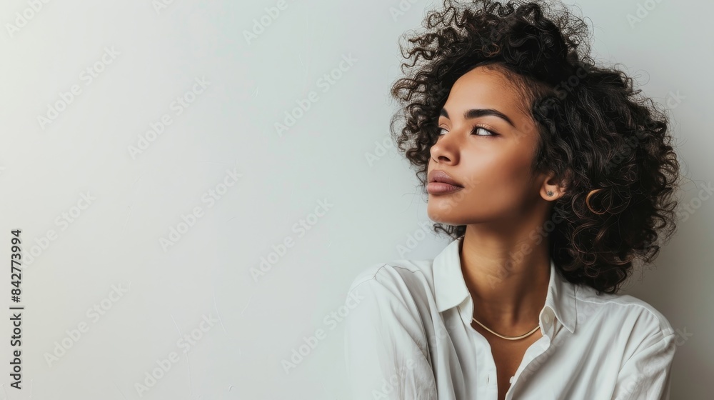 Stylish Model Posing in Casual Attire Against White Background with Copy Space on Left Side Stylish Model Posing in Casual Attire Against White Background with Copy Space on Left Side