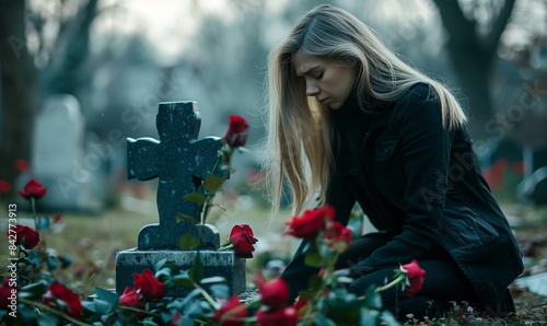 Sad widow woman in the cemetery praying on tombstone - Female grieving for a lost love - Religion and stop war concept