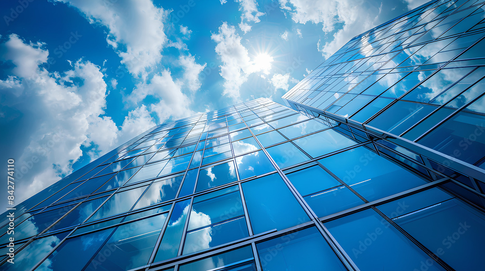 Blue glass building with clouds in the sky, business and corporate concept. Blue glass building with clouds in the sky, business and corporate concept.