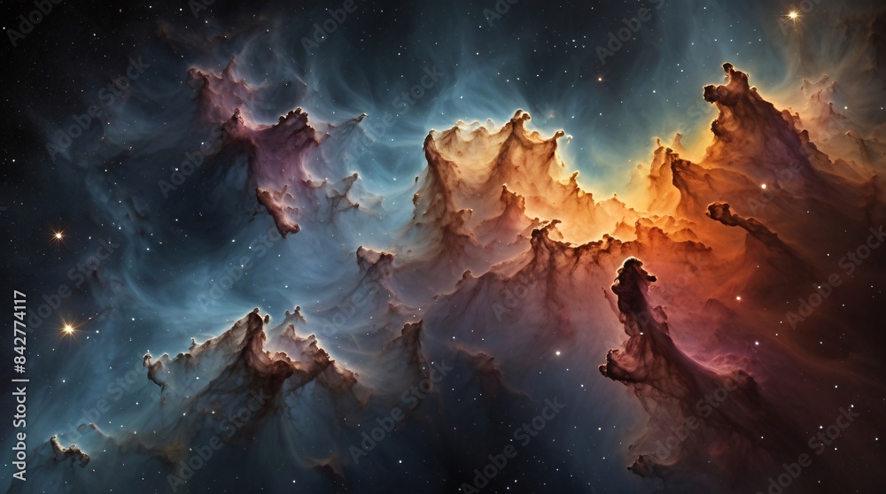 Obraz premium Fiery orange streaks light up the dark, smoky night sky cosmic nebula