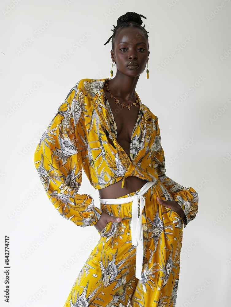 Stylish Summer Vibes - Fashion Model Posing Against White Background with Copy Space for Text or Graphics Stylish Summer Vibes - Fashion Model Posing Against White Background with Copy Space for Text or Graphics