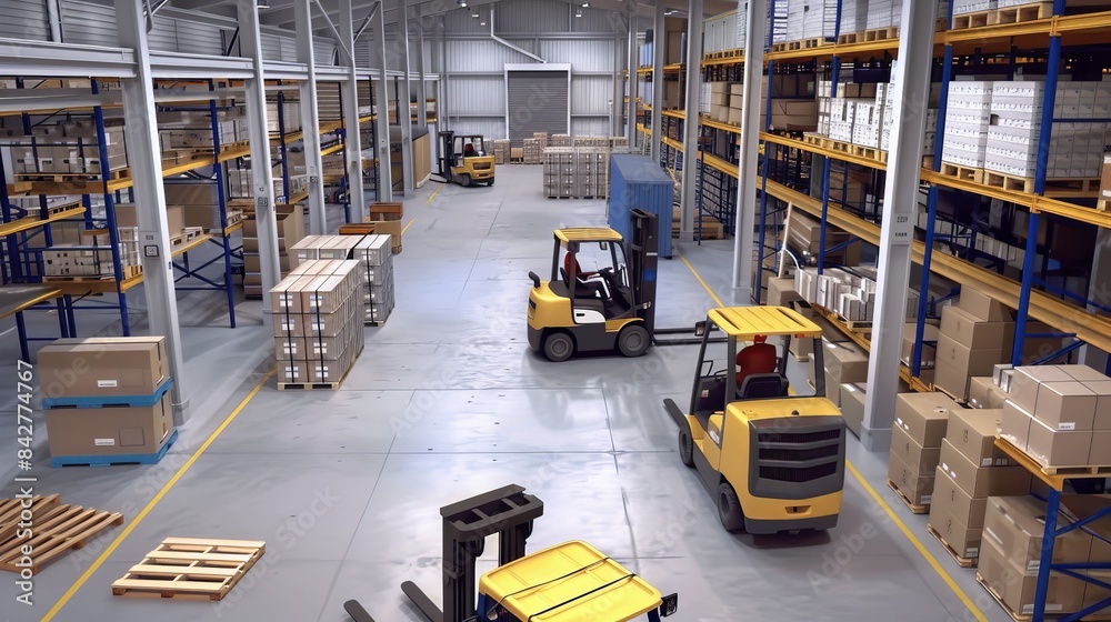 Design a scene of a warehouse operation with employees managing inventory, forklifts in action, and organized storage systems. Design a scene of a warehouse operation with employees managing inventory, forklifts in action, and organized storage systems.