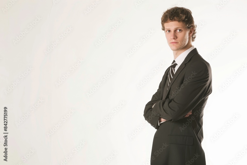 Confident businesswoman in suit standing against white background with copyspace to right Confident businesswoman in suit standing against white background with copyspace to right