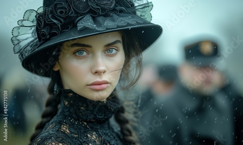 Portrait of mourning young woman, a widow in cemetery grief and respect for dead person