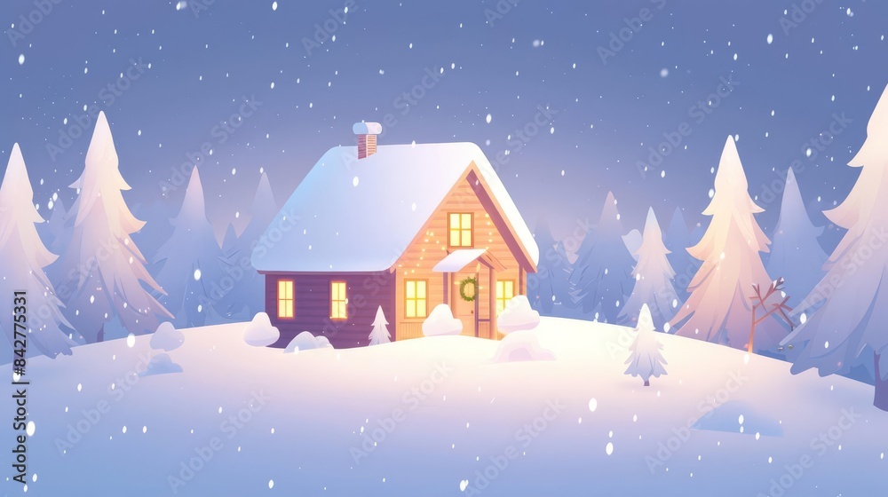 Cozy cabin in a snowy forest with falling snow. Cozy cabin in a snowy forest with falling snow.