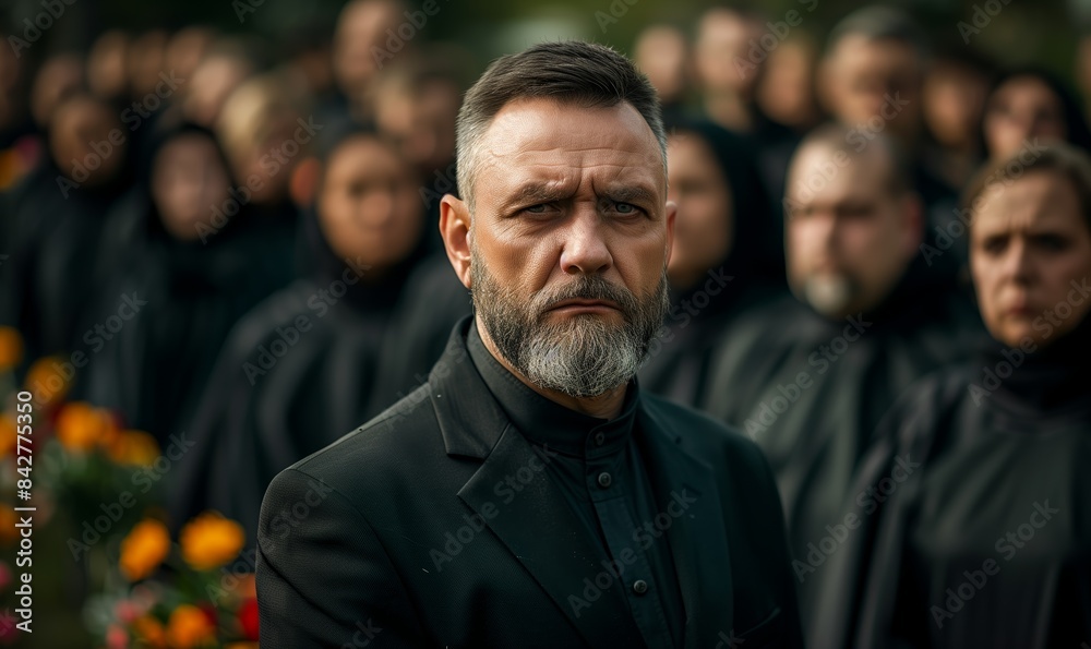 Portrait of a bearded man in a black suit in a cemetery at a funeral ceremony among a crowd of people on a background Portrait of a bearded man in a black suit in a cemetery at a funeral ceremony among a crowd of people on a background