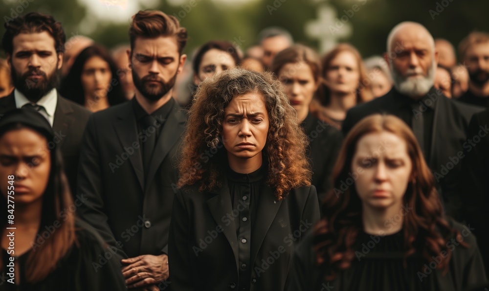 Fototapeta premium Funeral ceremony. Sad people mourning outdoors