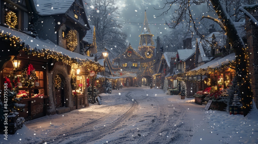 Obraz premium Design a snowy winter scene with a small town decorated for Christmas, featuring lighted streets, wreaths on doors, and a festive market.