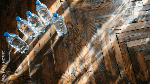 Top-down photo of vinyl wood floor with empty plastic water bottles showing waste and recycling. AI generative. photo
