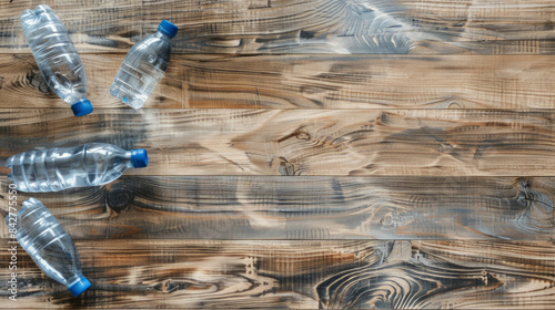 Vinyl wood floor with empty plastic water bottles, highlighting pollution and recycling efforts. AI generative. photo