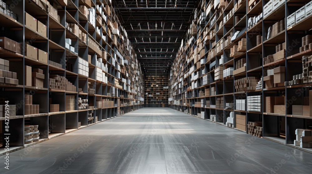 Big warehouse filled with goods. Background image. Created with Generative AI technology. Big warehouse filled with goods. Background image. Created with Generative AI technology.