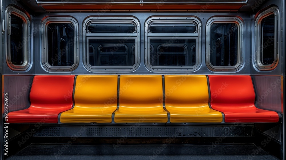 Modern bus interior at night with bright yellow and orange seats for a vibrant ambiance Modern bus interior at night with bright yellow and orange seats for a vibrant ambiance