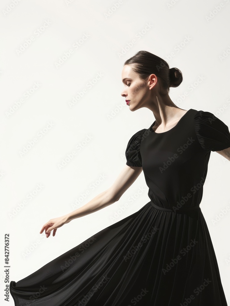 Timeless Elegance - Fashion model in a classic black dress against white background with copy space. Timeless Elegance - Fashion model in a classic black dress against white background with copy space.