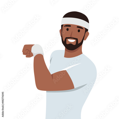 Young man expressing a concept wearing headband and wrist. Flat vector illustration isolated on white background