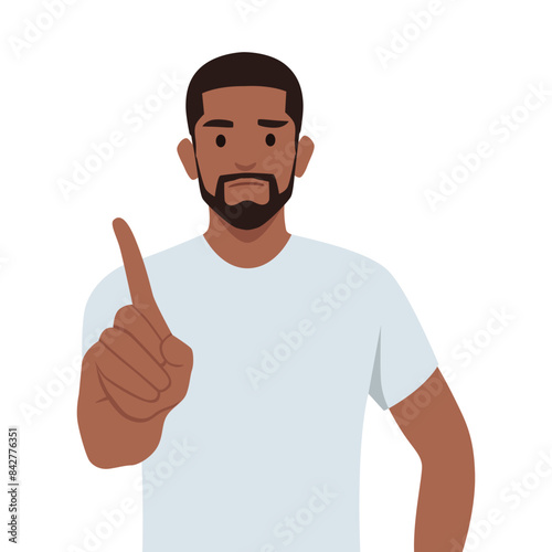 Young bearded man frustrated and pointing to the front. Flat vector illustration isolated on white background