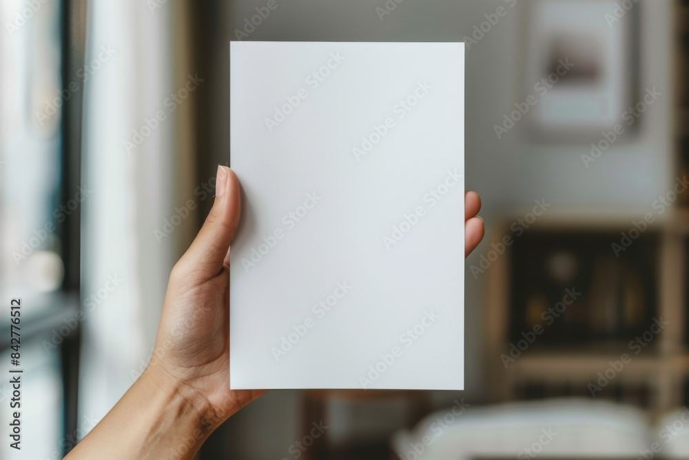 Blank paper mockup on hand created with generative AI Blank paper mockup on hand created with generative AI