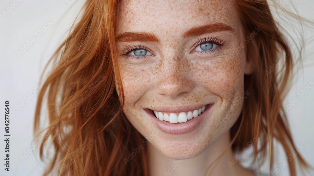 Radiant Redhead Woman with Freckles Smiling Against White Background Radiant Redhead Woman with Freckles Smiling Against White Background