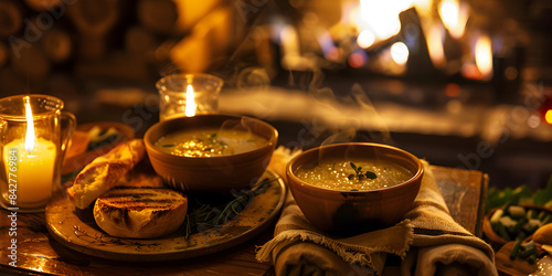 Cozy Winter Dinner by the Fireplace | Warm Soup and Bread with Candlelight