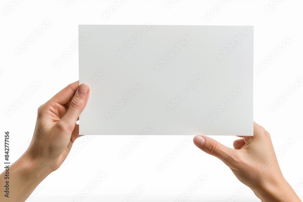 Blank paper mockup on hand created with generative AI Blank paper mockup on hand created with generative AI