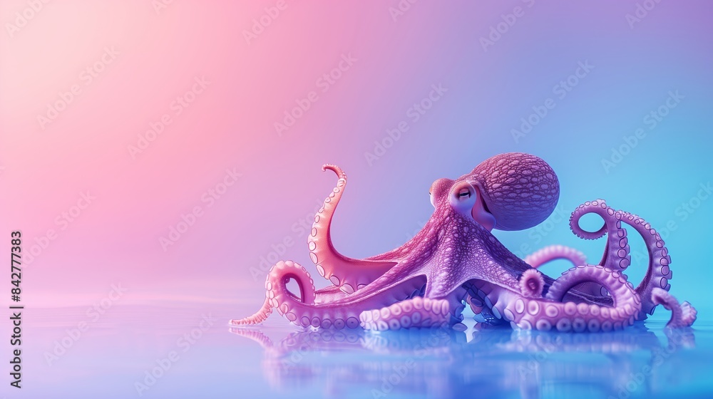 Naklejka premium Colorful 3D Octopus With Curved Tentacles Reflected On Water Surface Against Pink And Blue Gradient Digital Ocean Art
