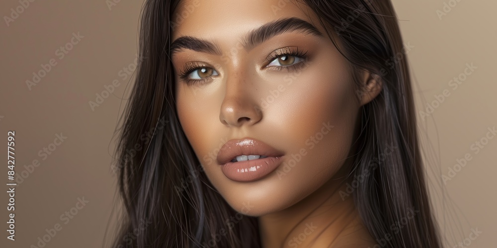 Beauty photography of a beautiful woman with long straight hair posing against a neutral background