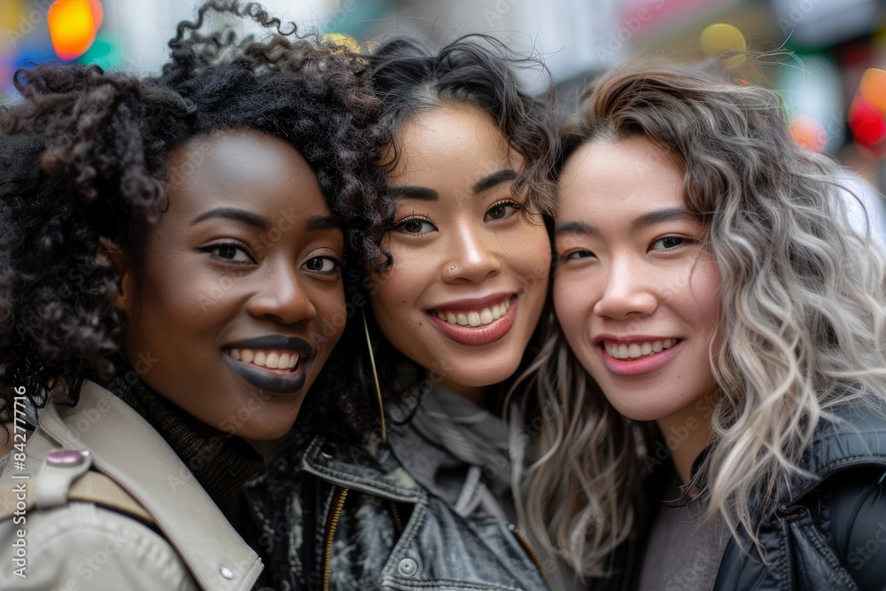 The three young women smile at the camera outside in the city. A group selfie is taken by two multiracial friends The three young women smile at the camera outside in the city. A group selfie is taken by two multiracial friends