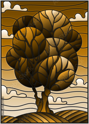 An illustration in stained glass style with a abstract tree on sky background, tone brown