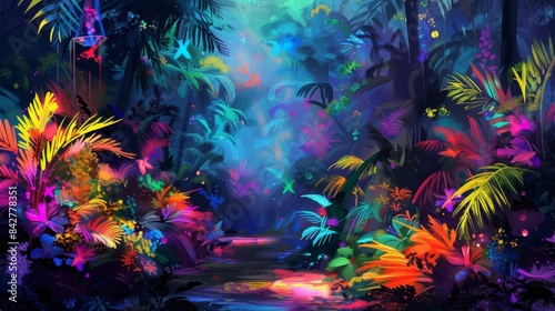 Fototapeta Naklejka Na Ścianę i Meble -  abstract jungle rainforest painting with vivid neon colors horizontal poster design digital art