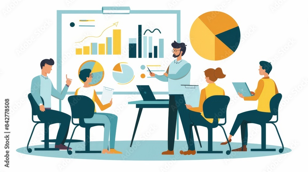 Illustrate a corporate training session with an instructor guiding employees through professional development exercises in a training room. Illustrate a corporate training session with an instructor guiding employees through professional development exercises in a training room.