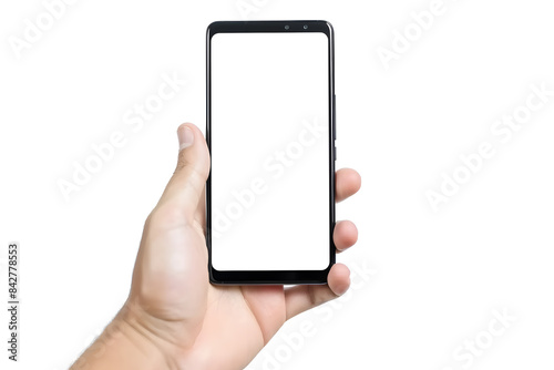 Man hand holding smartphone mock up isolated on white background