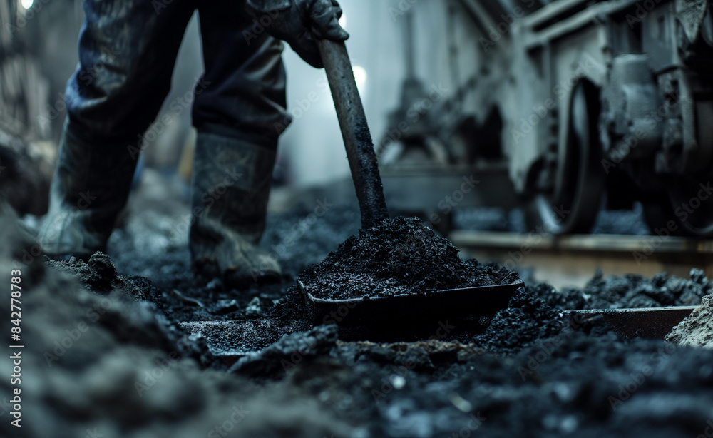 A worker's feet and shovel digging into the ground in a coal mining scene. A worker's feet and shovel digging into the ground in a coal mining scene.