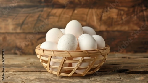 Organic Eggs Displayed on Wooden Surface with Freshness Symbolized by Round Bamboo Basket