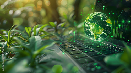 Striking image of a holographic Earth floating above a laptop keyboard amidst lush green foliage