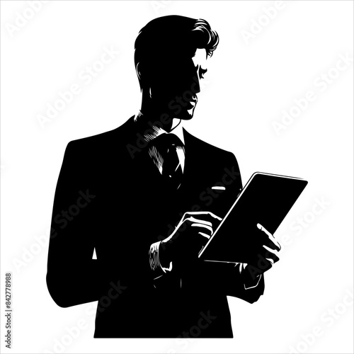 
A man in a suit is holding a tablet Businessman stands with a tablet vector silhouette. Vector silhouette of businessman with tablet