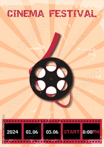 Vector illustration of the film premiere banner. Cinema elements. Door in the form of a film. Vintage film reel.