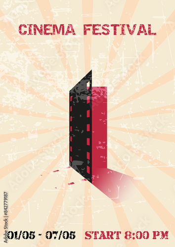 Vector illustration of the film premiere banner. Cinema elements. Door in the form of a film. Vintage.