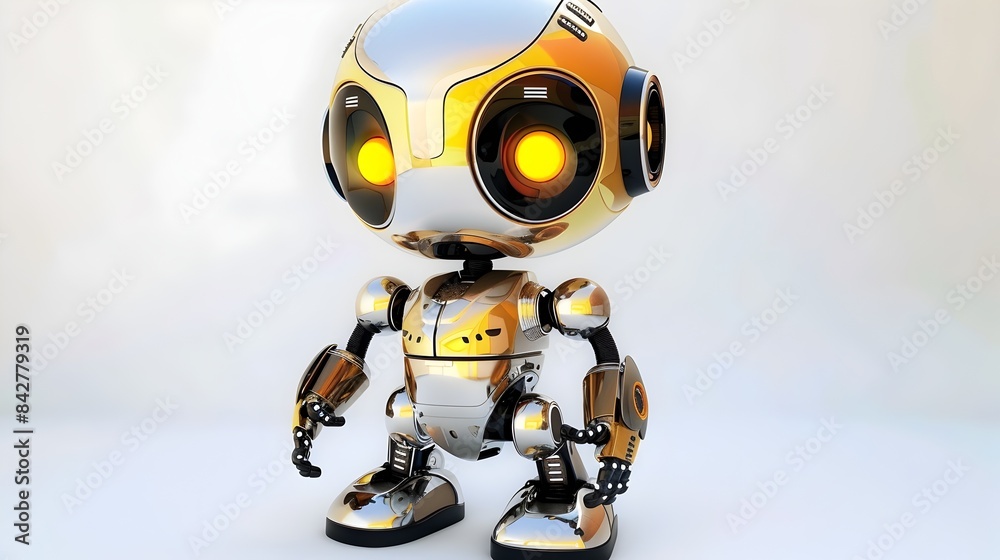 Cheerful 3D Icon of a Tiny Cute Robot with Big Glowing Eyes on White Background Cheerful 3D Icon of a Tiny Cute Robot with Big Glowing Eyes on White Background