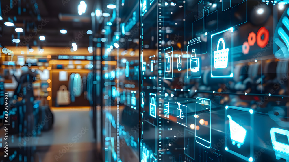 A visual depiction of an advanced digital interface system within a futuristic shop environment