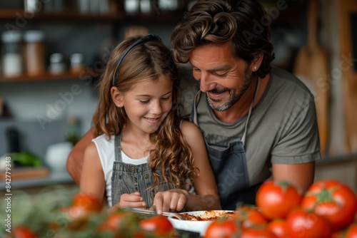 A father and his daughter  smiling  are preparing a meal in a contemporary kitchen  surrounded by ripe tomatoes