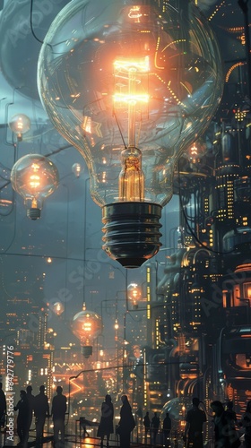 Artistic representation of a lightbulb and people in a futuristic setting