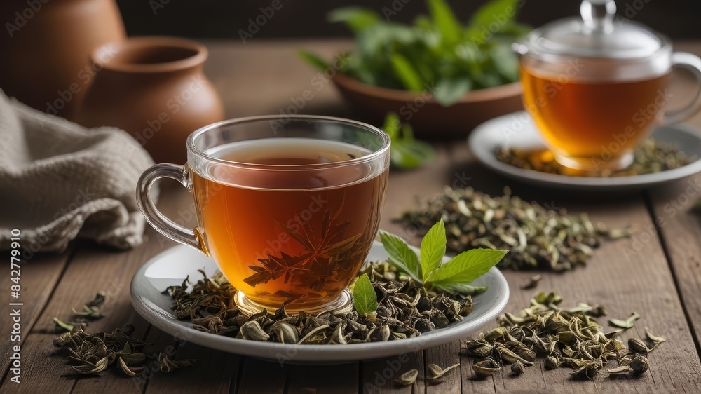A detailed shot of a cup of herbal tea with loose tea leaves on a rustic table, photographed to emphasize the warmth and natural elements. A detailed shot of a cup of herbal tea with loose tea leaves on a rustic table, photographed to emphasize the warmth and natural elements.