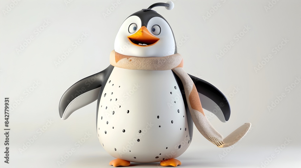 Fototapeta premium Chubby Cartoon Penguin in Scarf on White Background
