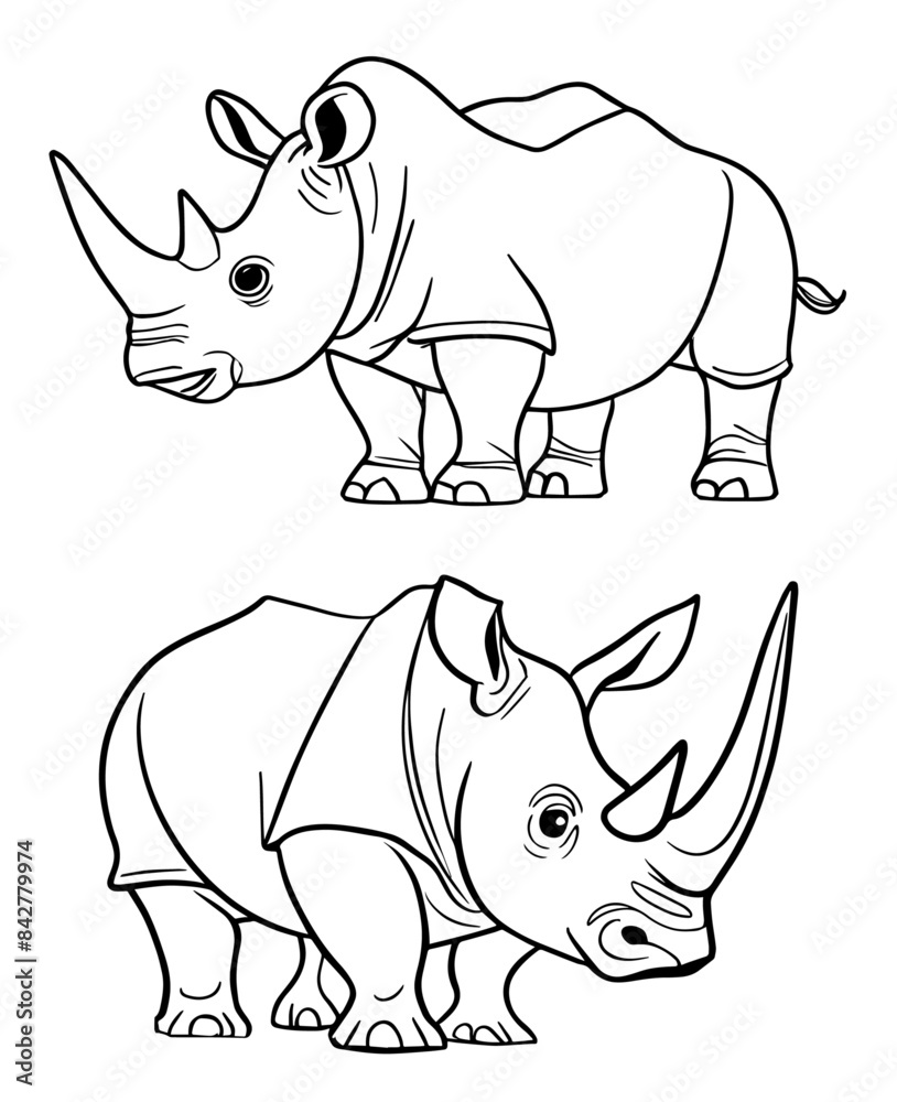 Fototapeta premium Set of cartoon rhinoceros, simple kids coloring pages, illustration.